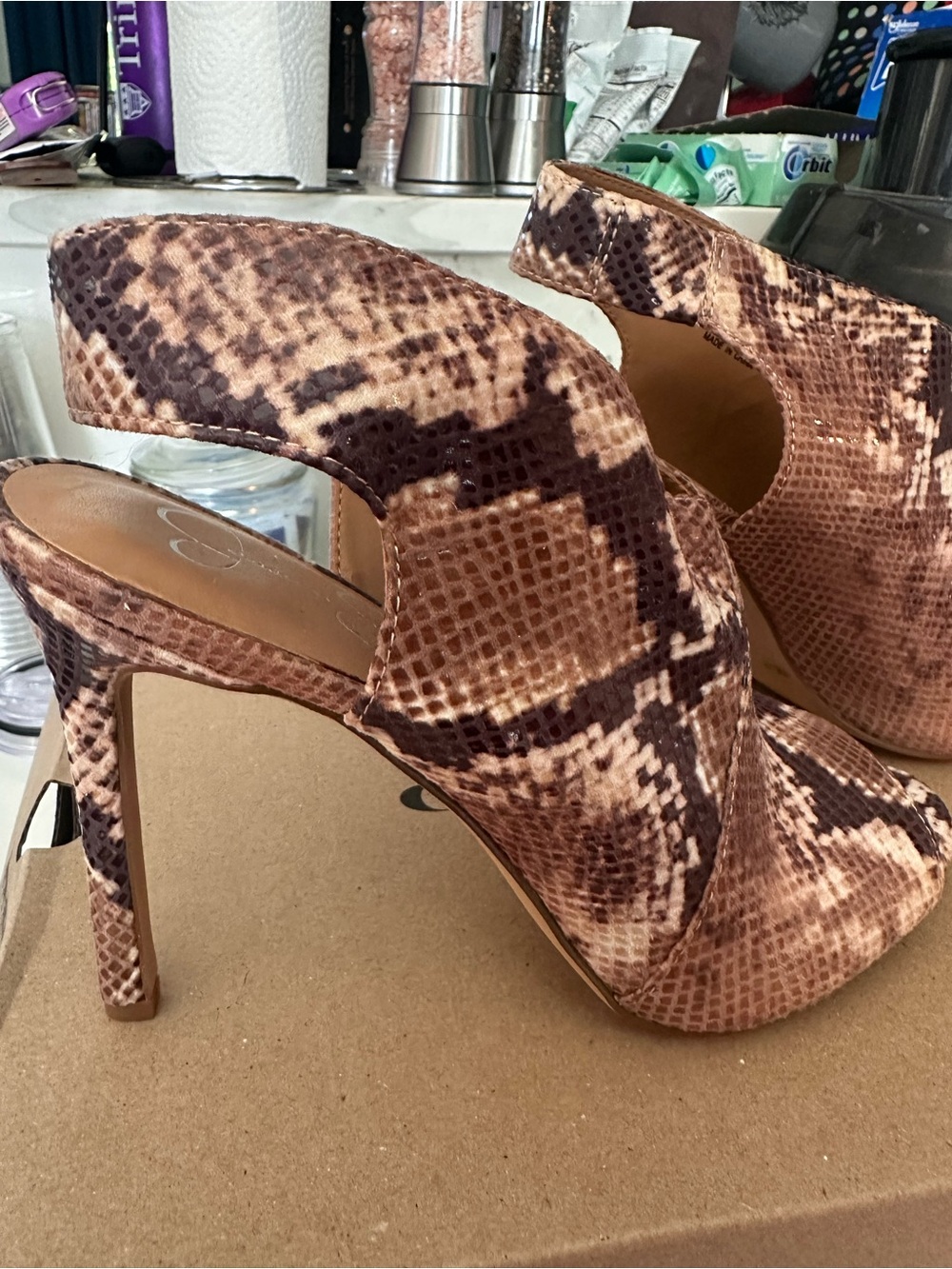 Jessica Simpson Brown Snake-Print Open Heel Stiletto Pumps